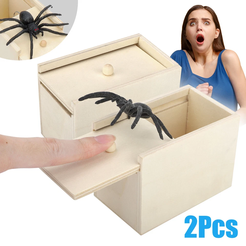 REDTAGTOWN 2 Pcs Wooden Prank Spider Scare Box Hidden in Case Trick Play Joke Gag Party Toy