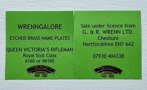 Placas de nombres grabadas modelo ferroviario WRENN RIFLEMAN DE REINA VICTORIA - Imagen 1 de 2