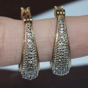DESIGNER SIGNED RSE GOLDEN TONE STERLING SILVER AND DIAMONDS HOOPS EARRINGS - Picture 1 of 6