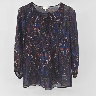 Joie Silk Paisley Top Womens Size XS Blue Sheer Boho Chiffon Tie Neck 3/4 Sleeve - Image 1 of 4