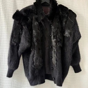 Vintage black angora rabbit fur cardigan sweater jacket 23" pit to pit - Picture 1 of 5