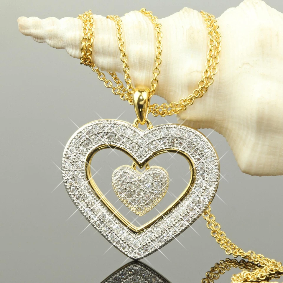 Set Collana Donna Cuore Ciondolo Zirconi Bianco 750 Oro 18Karat Placcato A1475 - Immagine 1 di 4