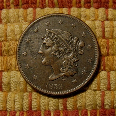 1839 CORONET LARGE CENT, AU DETAILS  ~  TOUGH BOOBY HEAD WITH FABULOUS DETAILS! - Image 1 of 4