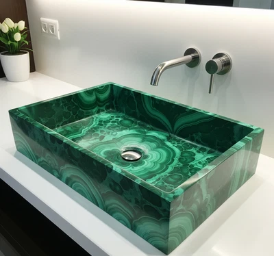 20"x14"x6" Malachite Stone Bathroom Sink Gemstone Vessel Basin for Vanity Decors - Image 1 of 4