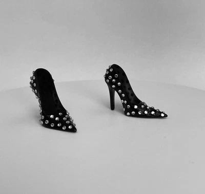 Уникальный черный заостренный носок блестящий насосы w серебряные стразы и коробка для обуви - FR6/NuFace - Изображение 1 из 4