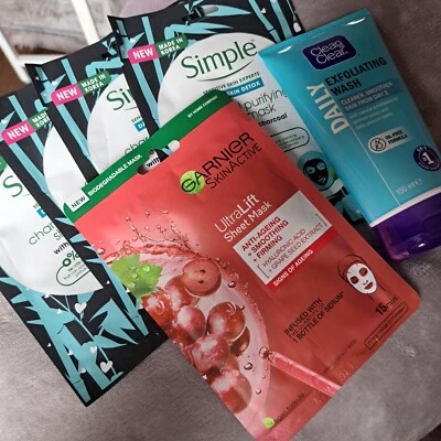 Simple Charcoal Sheet Mask X4 Garnier X1 Clean & Clear Wash 150ml 09/26 NEW - Image 1 of 4