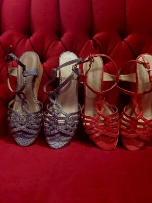 2 Pair Tahari Wedge Leather Sandals LOT Blue & Red HIPPY Boho 8M STAR cork... - Image 1 of 4