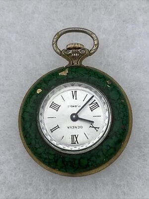 Reloj Bolsillo Vintage Geneva Esmalte Verde Redondo Damas 17 Joyas Foto 1 de 4