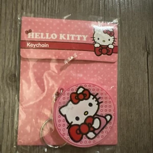 HELLO KITTY Rubber Flexible Keychain Bag Charm Sanrio Round Pink Bow 2.25” New - Picture 1 of 3