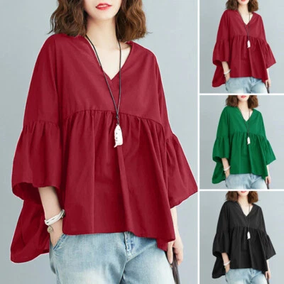 UK Womens V-Neck 3/4 Flared Sleeve Pleated Tops Shirt Casual Loose Swing Blouse - Image 1 of 4
