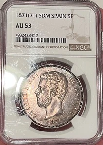 SPAIN: 1871 (71) SD M 5 Pesetas NGC AU53 — MARVELOUSLY UNMESSED WITH & ORIGINAL - Picture 1 of 2