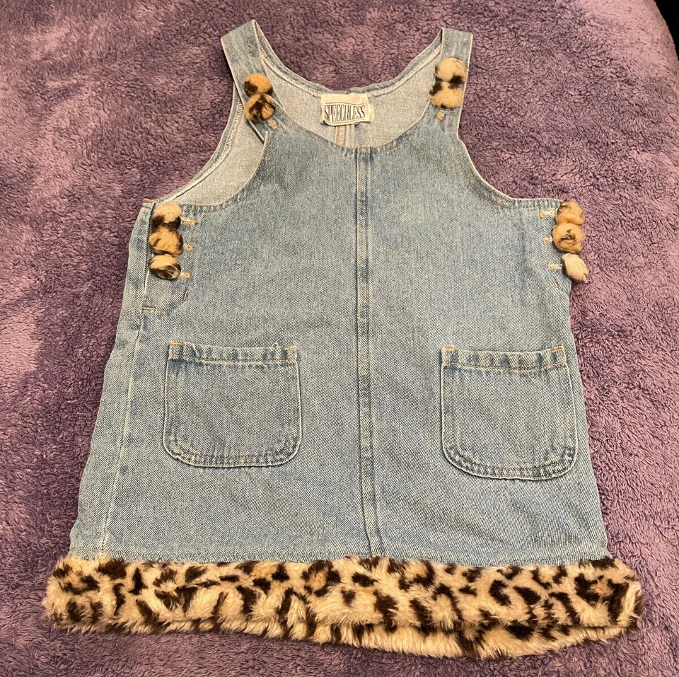 VTG Speechless Girls Overall Blue Denim Jean Dress Leopard Print Faux Fur Sz 6 - Image 1 of 4