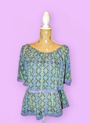 NINE WEST VINTAGE AMERICA Green Purple FLORAL Peplum Top RUFFLE Women's Medium Foto 1 de 4