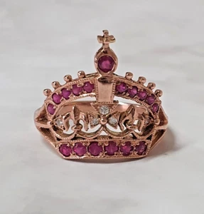 Ornate 9ct Rose Gold Ruby & Diamond Crown Ring - UK Size N/ US Size 6 1/2 - Picture 1 of 4