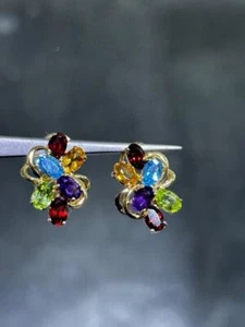 Pendientes con racimo de piedras preciosas multicolores de oro amarillo de 14k 5,3 gramos tachuelas regalo - Imagen 1 de 12