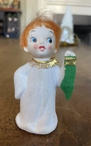 Vintage INARCO Japan Flocked Boy Figurine with Hair & Cloth Stocking 4in - Picture 1 of 3