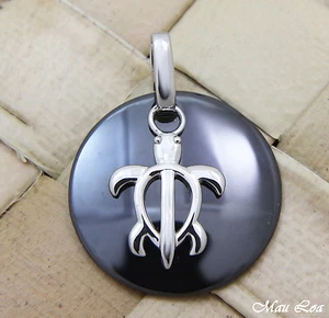925 Silver Rhodium Hawaiian Honu Sea Turtle Black Ceramic Circle Round Pendant - Picture 1 of 2