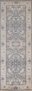 Geometric Gray Oushak Indien Narrow Runner 2' 5" x 8' 0" Handmade Hallway Rug - Picture 1 of 12