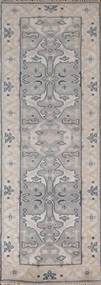Geometric Gray Oushak Indien Narrow Runner 2' 5" x 8' 0" Handmade Hallway Rug - Image 1 of 4