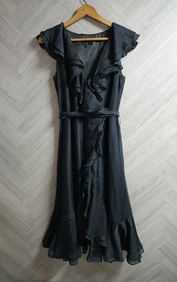 Coast UK Size 10 Long Black Silk Blend Ruffle Belted Wrap Dress Party Designer - Image 1 of 4