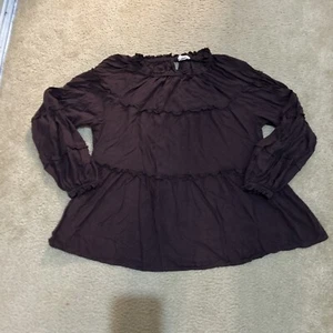 BeachLunchLounge Brown Peasant Boho Long Sleeve Ruffle Blouse Medium - Picture 1 of 22