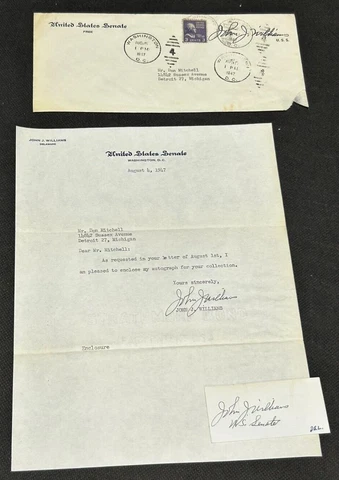 August 4th 1947, Autograph Letter of John J Williams Senator of Delaware, EX Cover