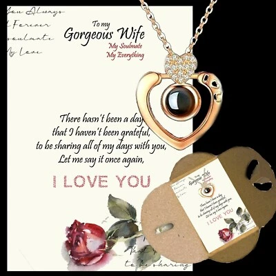 To My Gorgeous Wife Gifts For her Neckalce card message Rosegold I love You - Image 1 of 4