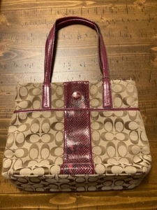 Coach Signature Stripe Raspberry Pink Python Bag Purse Tote #K1382-F25706 - Picture 1 of 7