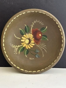 Vtg Wood Bowl Tole Rosmaling Hand Painted Floral 6" Folk Art Signed Viola - Picture 1 of 15