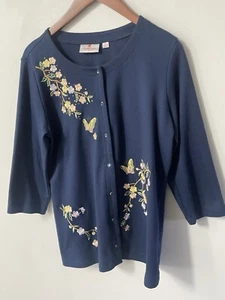 Quacker Factory Damen Strickjacke Pullover Größe M Baumwolle blau Blumen Schmetterling - Bild 1 von 11