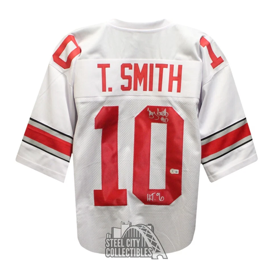 Camiseta de fútbol blanca personalizada autografiada por Troy Smith Ohio State Heisman 06 - BAS Foto 1 de 1