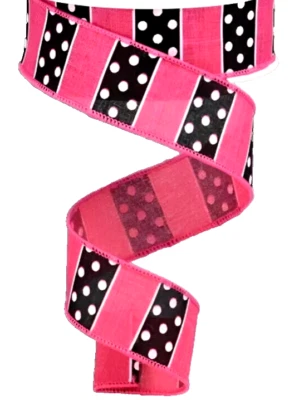 Pink 1.5" x 5 yd Blocked White Dots on Black Wired Ribbon Valentine's Day Spring - Image 1 of 4