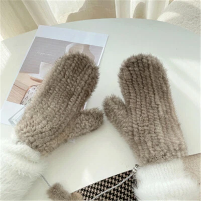 Women's Double Side Real Mink Fur Gloves Warm Knitted Elastic Mittens W String - Image 1 of 4
