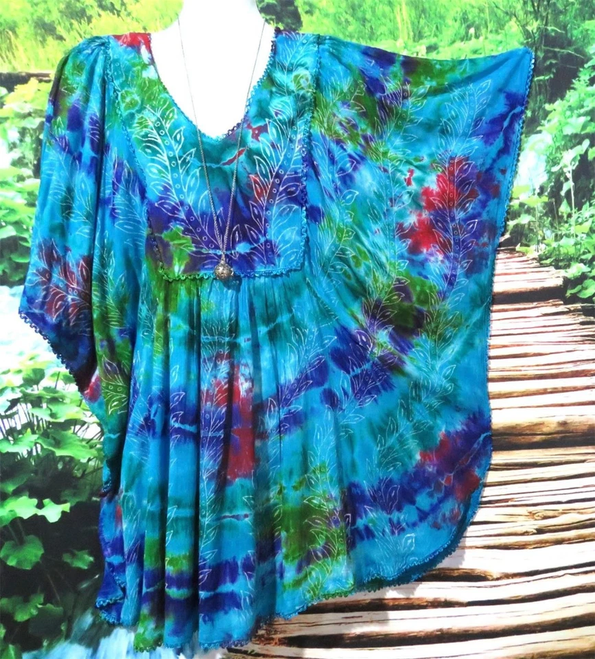 PLUS SIZE BOHO TIE DYE BATWING PTU MIX  KAFTAN TUNIC TOP FITS 12  to  26 178 CM - image 1 of 4