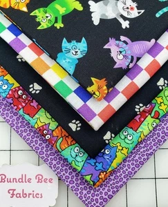 RAINBOW KITTY CAT Fat Quarter bundle of (5) New Quilting 100% Cotton - Picture 1 of 6