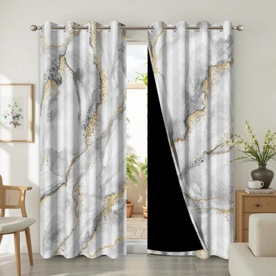 White Grey and Gold Blackout Thermal Insulated Curtains with Grommet Elegant ... - Image 1 of 4