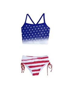 Girls Two Piece Tankini Swimsuit Blue & Red USA Flag Print - 5 - Picture 1 of 3