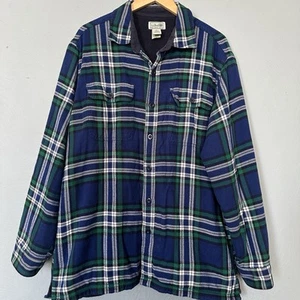 LL Bean Jacket Vintage Plaid Flannel Blue green Cotton Fleece Lined Men's LARGE! - Picture 1 of 11