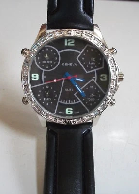 Мужская серебряная отделка черный кожаный ремешок моды нарядный повседневный хип-хоп часы - Изображение 1 из 4