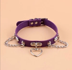 Gothic Purple Heart Choker with Silver Chains - Punk Rock Spiked Collar Necklace - Picture 1 of 2