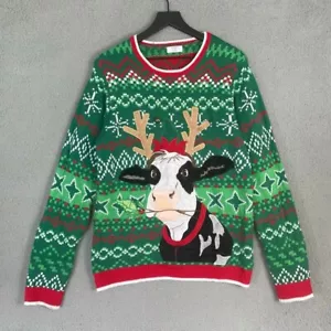 Holiday Time Ugly Christmas Sweater Cow Antlers Green M (38-40) Festive Acrylic - Picture 1 of 8