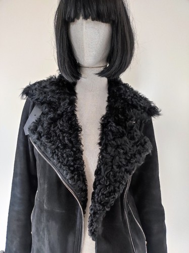 Giacca Michael Kors in pelliccia di agnello shearling nera XXS 34 32 con zip