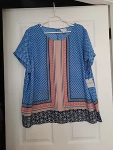 NWT Liz Claiborne Woman 2X Blue Paisley Lightweight Geometric Design Blouse - Picture 1 of 4