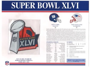 TARJETA DE PARCHE OFICIAL NFL SB XLVI GIANTS PATRIOTS WILLABEE & WARD NFL XLVI - Imagen 1 de 2
