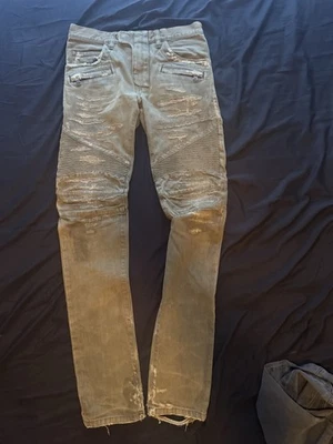 Olive Green Denim Balmain Biker Jeans Size 29 - Image 1 of 4