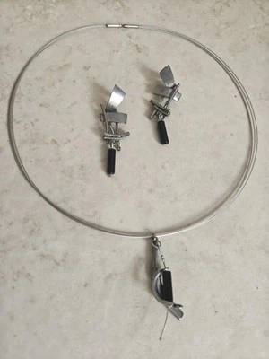 Modernist Sonia Ferland Osmose Necklace & Earrings Set Canada Pewter Quirky  - Image 1 of 4