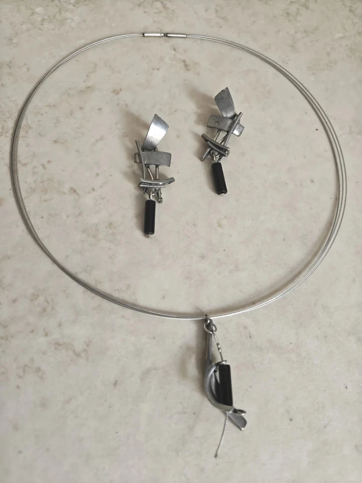 Modernist Sonia Ferland Osmose Necklace & Earrings Set Canada Pewter Quirky  - Image 1 of 4