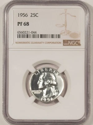 1956 PROOF WASHINGTON SILVER QUARTER - NGC PF-68 WHITE W/ CAMEO REVERSE - Image 1 of 3