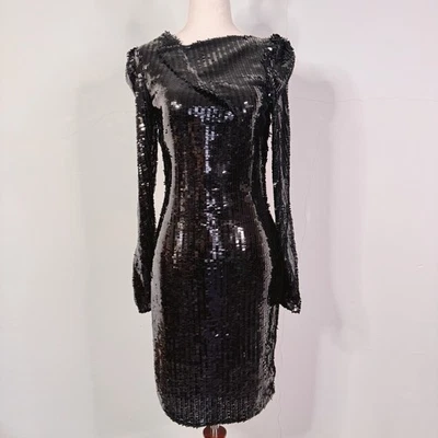 Roland Mouret Black Sequin Long Sleeve Cocktail Mini Dress US 6 Holiday Glam - Image 1 of 4