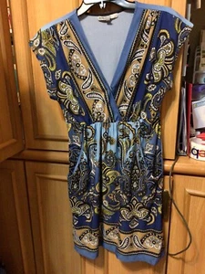 Bailey Blue Women’s Sz. L Deep V Neck Blue Paisley Design Dress/ Tunic L-3 - Picture 1 of 4